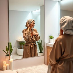 A realistic woman caring for her hair while wearing a hair cap in a modern bathroom, looking happy at herself in the mirror