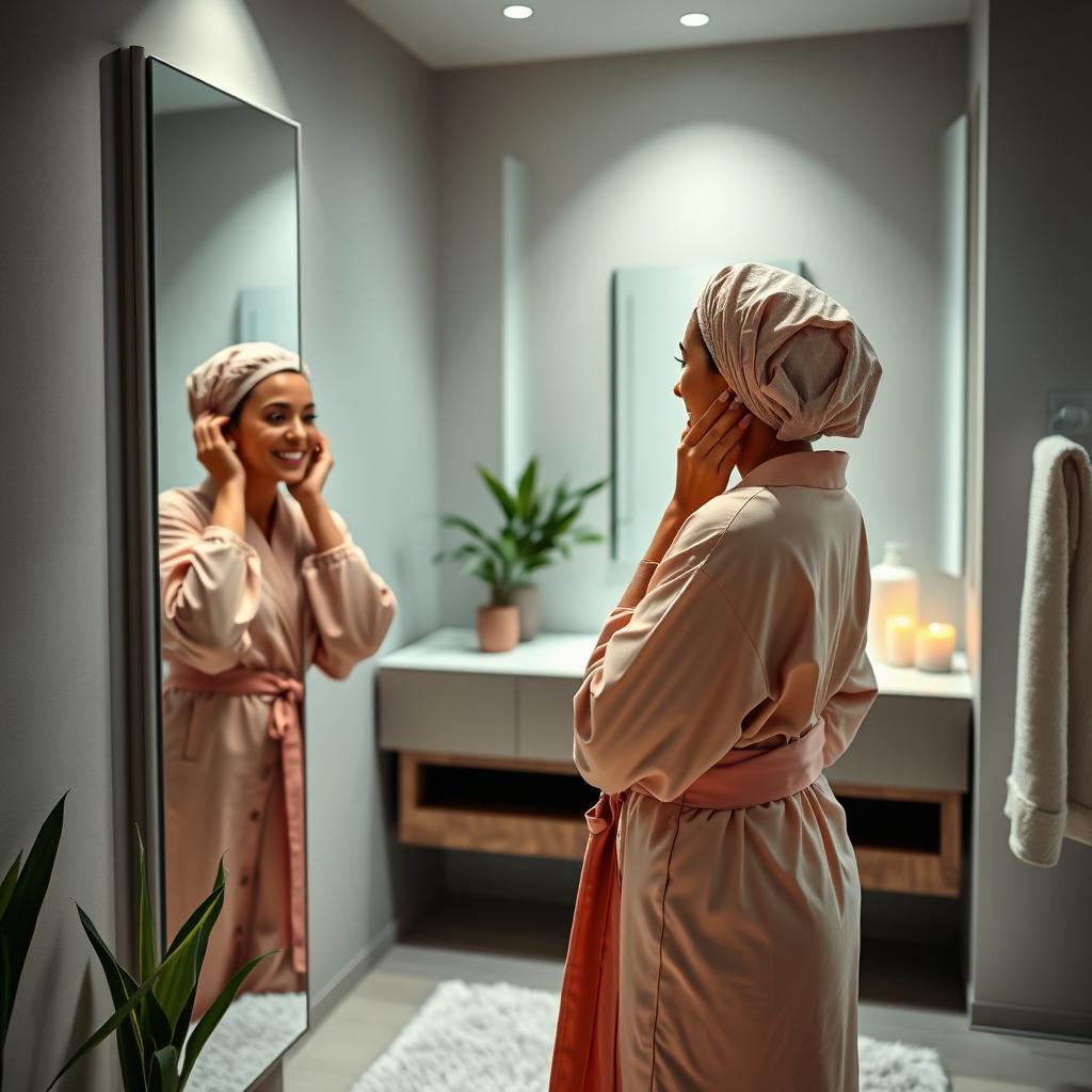 A realistic woman caring for her hair while wearing a hair cap in a modern bathroom, looking happy at herself in the mirror