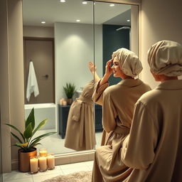 A realistic woman caring for her hair while wearing a hair cap in a modern bathroom, looking happy at herself in the mirror