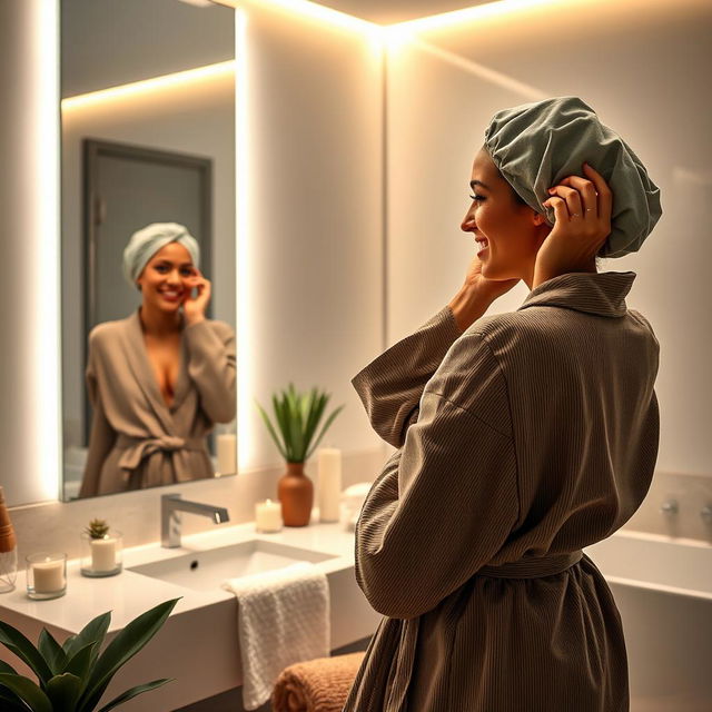 A realistic woman caring for her hair while wearing a hair cap in a modern bathroom, looking happy at herself in the mirror