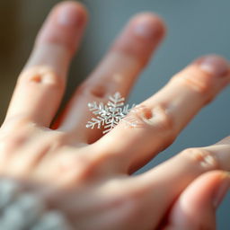 A close-up of a delicate female hand with soft, pale skin gently holding a partially hidden snowflake