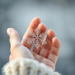 A close-up of a delicate female hand with soft, pale skin gently holding a partially hidden snowflake