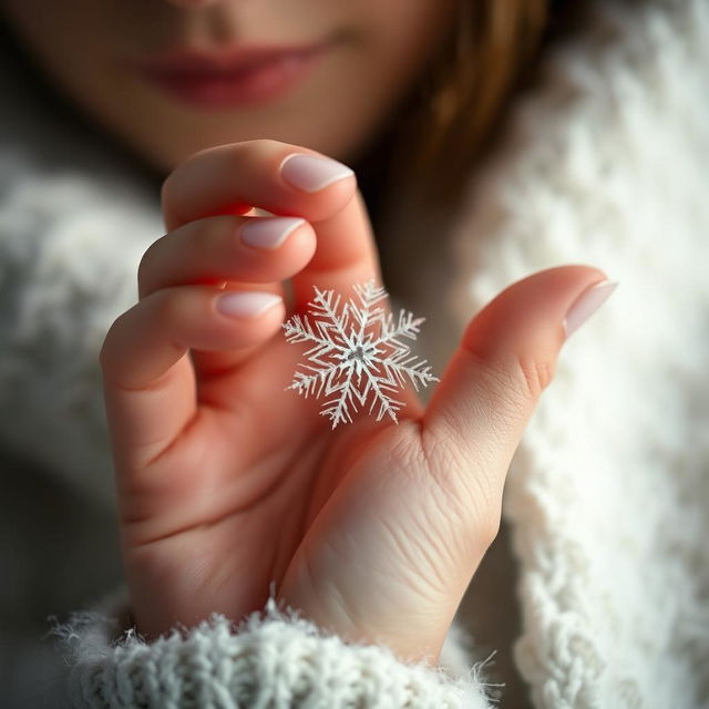 A close-up of a delicate female hand with soft, pale skin gently holding a partially hidden snowflake