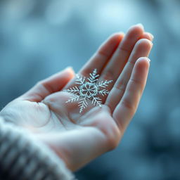 A close-up of a delicate female hand with soft, pale skin gently holding a partially hidden snowflake