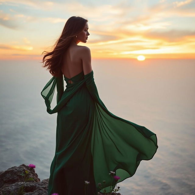 A striking portrait of a woman in a flowing emerald green gown, standing on the edge of a cliff overlooking a vast ocean