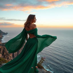 A striking portrait of a woman in a flowing emerald green gown, standing on the edge of a cliff overlooking a vast ocean