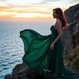 A striking portrait of a woman in a flowing emerald green gown, standing on the edge of a cliff overlooking a vast ocean