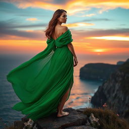 A striking portrait of a woman in a flowing emerald green gown, standing on the edge of a cliff overlooking a vast ocean