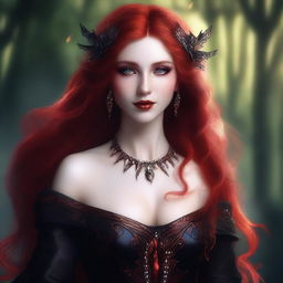 This digital art image features a sensual and provocative red-haired elf woman