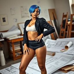 A captivating female architect with long legs and a curvy shape, exuding confidence and style