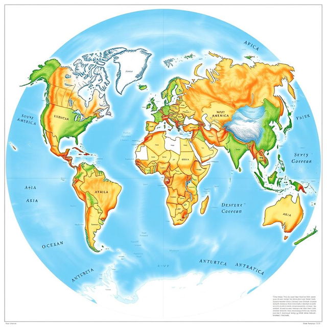 A detailed world map showcasing the geographical locations of the continents: North America, South America, Europe, Asia, Africa, Australia, and Antarctica