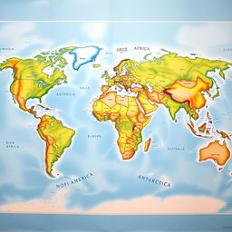 A detailed world map showcasing the geographical locations of the continents: North America, South America, Europe, Asia, Africa, Australia, and Antarctica