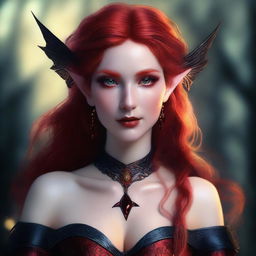 This digital art image features a sensual and provocative red-haired elf woman