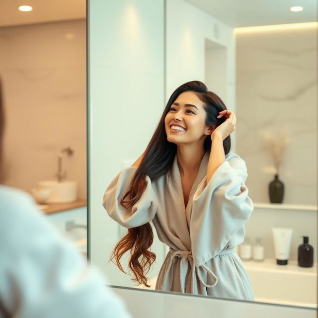 A realistic woman caring for her hair in a modern bathroom, looking happy at herself in the mirror