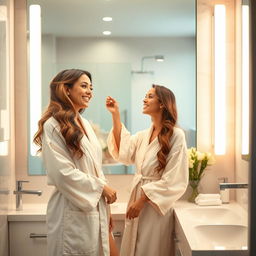 A realistic woman caring for her hair in a modern bathroom, looking happy at herself in the mirror