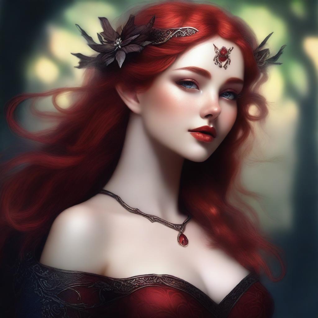 This digital art image portrays a sensual and provocative red-haired elf woman