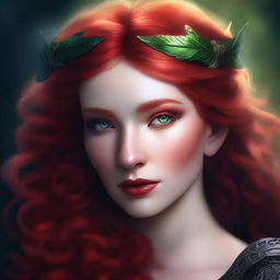 This digital art image portrays a sensual and provocative red-haired elf woman