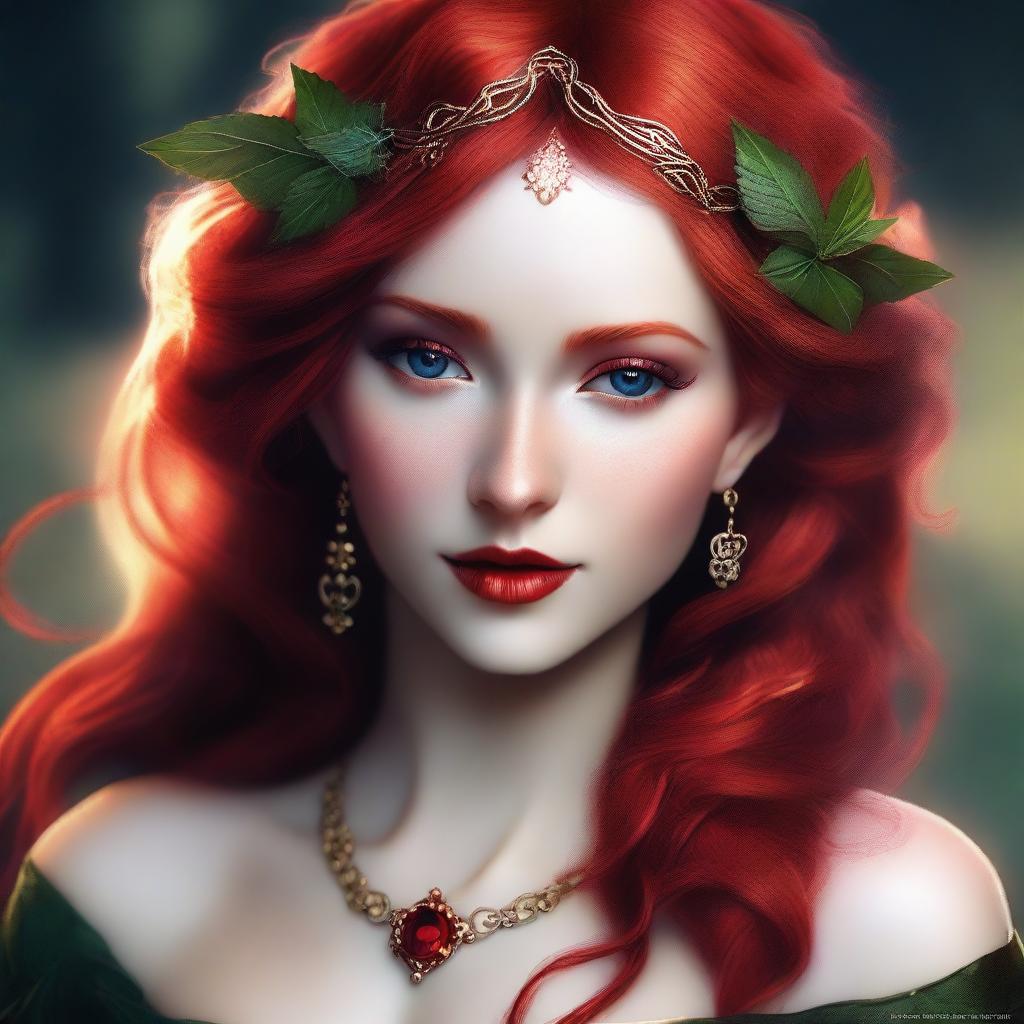 This digital art image portrays a sensual and provocative red-haired elf woman