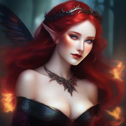 This digital art image portrays a sensual and provocative red-haired elf woman