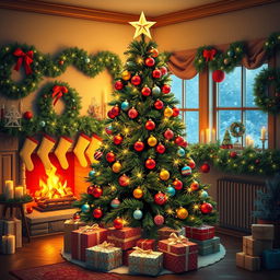 A beautifully decorated Christmas tree adorned with colorful ornaments, twinkling lights, and a golden star on top