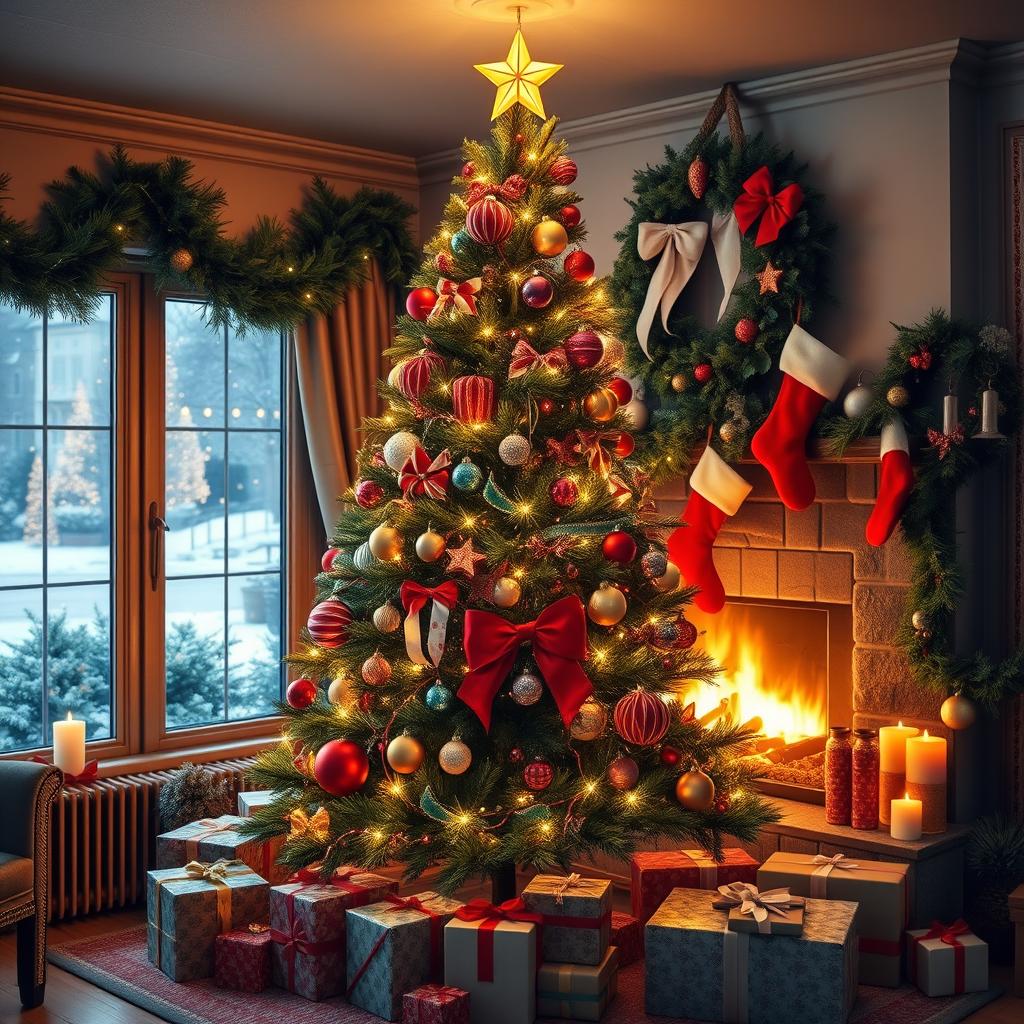 A beautifully decorated Christmas tree adorned with colorful ornaments, twinkling lights, and a golden star on top