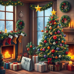 A beautifully decorated Christmas tree adorned with colorful ornaments, twinkling lights, and a golden star on top