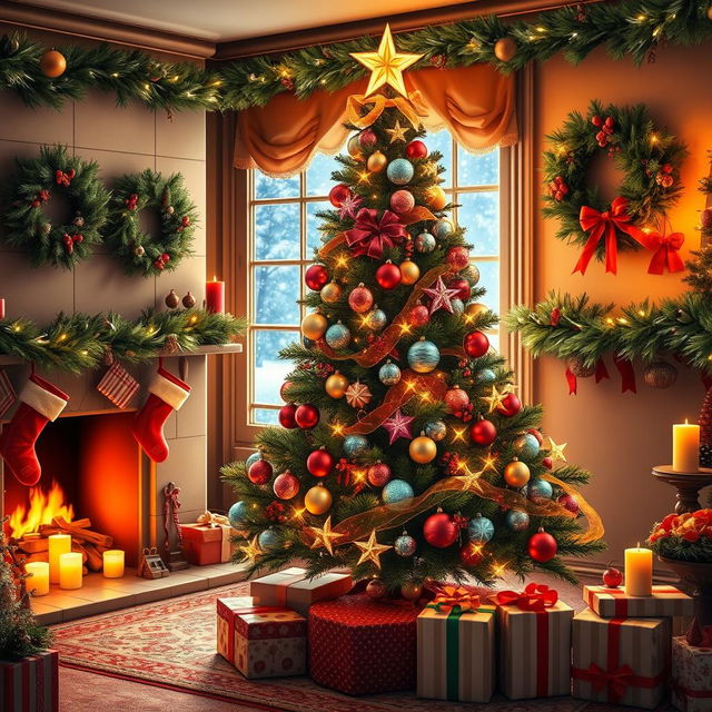 A beautifully decorated Christmas tree adorned with colorful ornaments, twinkling lights, and a golden star on top