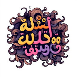 A vibrant illustration of the Arabic words "ملفلف و مهفهف" artistically integrated into a whimsical curly hair style