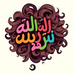 A vibrant illustration of the Arabic words "ملفلف و مهفهف" artistically integrated into a whimsical curly hair style