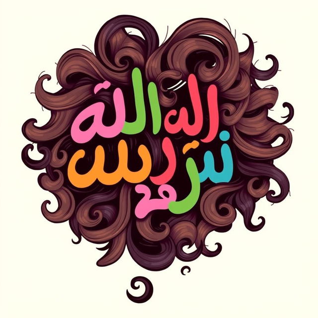 A vibrant illustration of the Arabic words "ملفلف و مهفهف" artistically integrated into a whimsical curly hair style