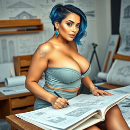 A hot female architect with a curvy figure and big breasts, confidently seated on a table as she sketches intricate architectural plans