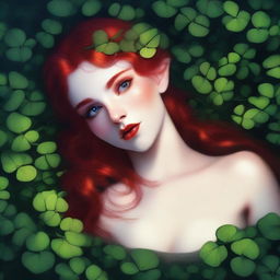 This digital art image portrays a provocative red-haired elf girl in a dark fairy aesthetic