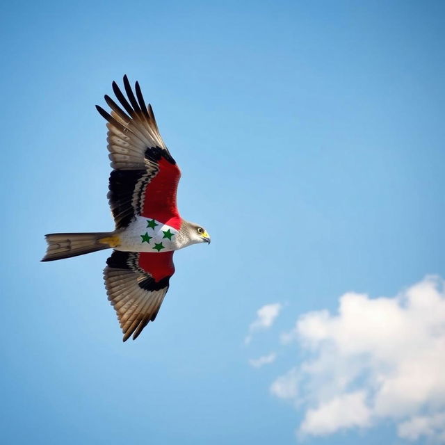 A majestic falcon soaring through a clear blue sky, its feathers artistically designed with the colors of the Free Syrian flag, featuring three stars prominently displayed