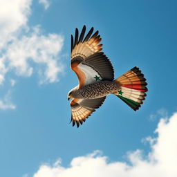 A majestic falcon soaring through a clear blue sky, its feathers artistically designed with the colors of the Free Syrian flag, featuring three stars prominently displayed