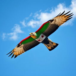 A majestic falcon soaring through a clear blue sky, its feathers artistically designed with the colors of the Free Syrian flag, featuring three stars prominently displayed
