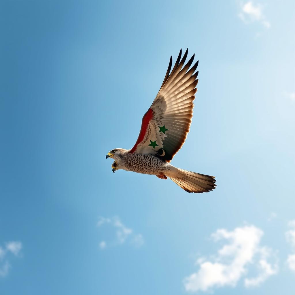 A majestic falcon soaring through a clear blue sky, its feathers artistically designed with the colors of the Free Syrian flag, featuring three stars prominently displayed