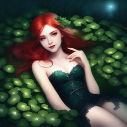 This digital art image portrays a provocative red-haired elf girl in a dark fairy aesthetic