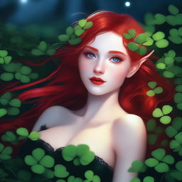 This digital art image portrays a provocative red-haired elf girl in a dark fairy aesthetic