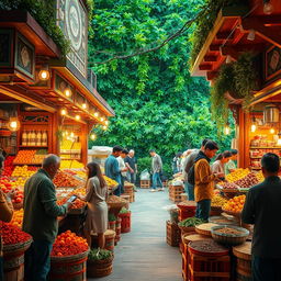 An inviting scene depicting the concept of 'رزق و روزی' (provision and sustenance), showcasing a beautiful, colorful market filled with fresh fruits and vegetables, herbal teas, and spices