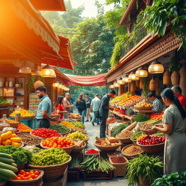 An inviting scene depicting the concept of 'رزق و روزی' (provision and sustenance), showcasing a beautiful, colorful market filled with fresh fruits and vegetables, herbal teas, and spices