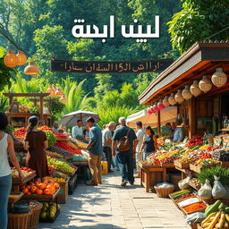 An inviting scene depicting the concept of 'رزق و روزی' (provision and sustenance), showcasing a beautiful, colorful market filled with fresh fruits and vegetables, herbal teas, and spices