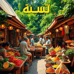 An inviting scene depicting the concept of 'رزق و روزی' (provision and sustenance), showcasing a beautiful, colorful market filled with fresh fruits and vegetables, herbal teas, and spices