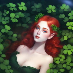 This digital art image portrays a provocative red-haired elf girl in a dark fairy aesthetic