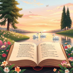 A beautifully illustrated scene inspired by the theme of poetry, featuring a serene landscape with a tranquil lake surrounded by blooming flowers and tall trees