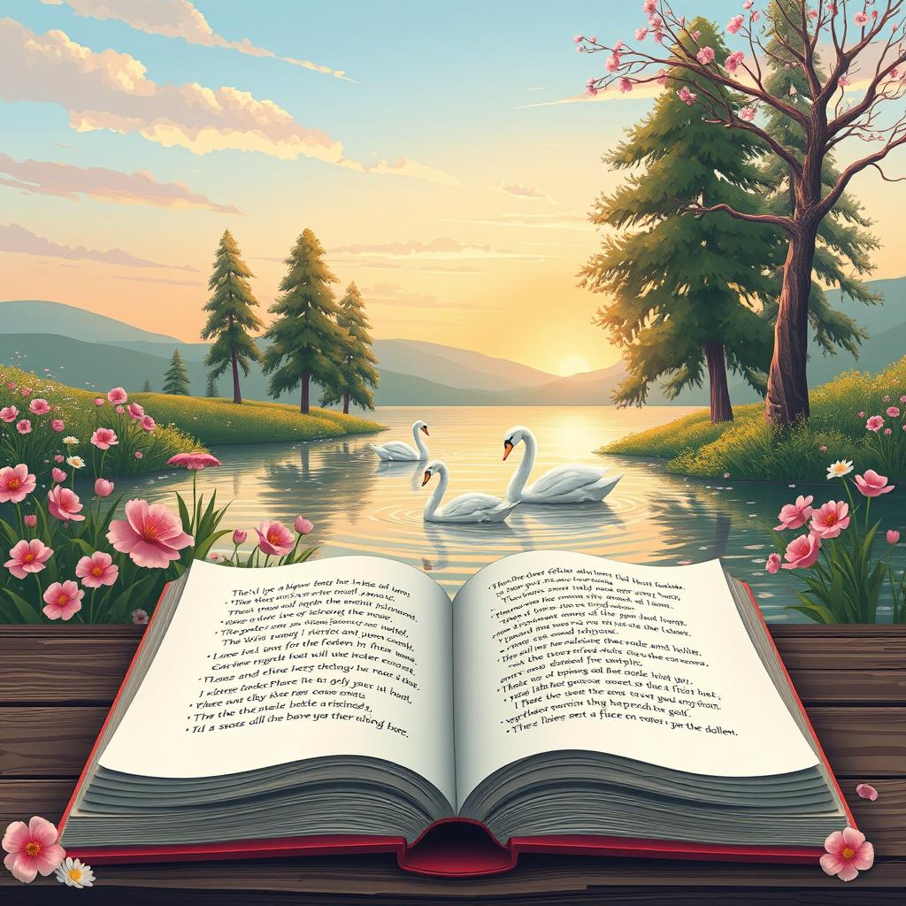 A beautifully illustrated scene inspired by the theme of poetry, featuring a serene landscape with a tranquil lake surrounded by blooming flowers and tall trees