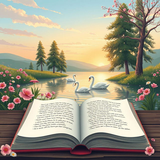 A beautifully illustrated scene inspired by the theme of poetry, featuring a serene landscape with a tranquil lake surrounded by blooming flowers and tall trees