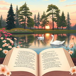 A beautifully illustrated scene inspired by the theme of poetry, featuring a serene landscape with a tranquil lake surrounded by blooming flowers and tall trees