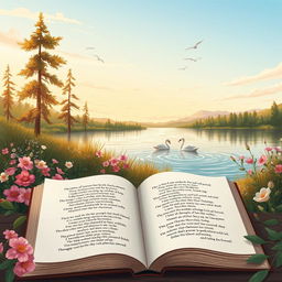 A beautifully illustrated scene inspired by the theme of poetry, featuring a serene landscape with a tranquil lake surrounded by blooming flowers and tall trees