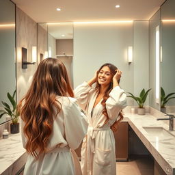 A realistic woman caring for her hair in a modern bathroom, wearing a long robe and looking happily at herself in the mirror