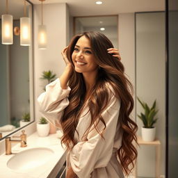 A realistic woman caring for her hair in a modern bathroom, wearing a long robe and looking happily at herself in the mirror